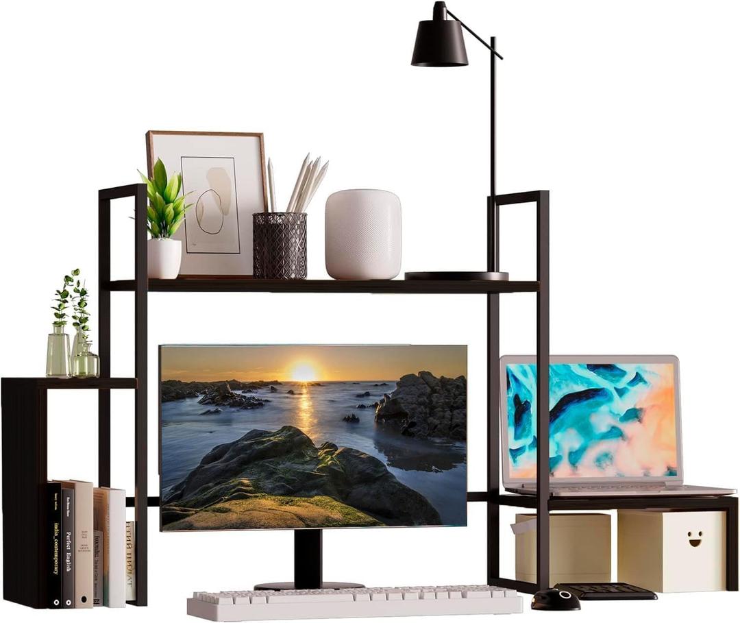 Wooden 2-Tier Desktop Shelf with RGB Light Strip - 48.8" Desk Organizer for Max 28" Monitor - Home Office & Dorm Bookshelf - Black
