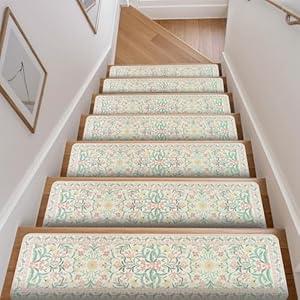 OJIA Pink Floral Stair Treads Non Slip Stair Runners for Wooden Steps Indoor, 15PCS 8"x30" Rubber Carpet Treads for Wood Stairs Staircase Step Treads for Kids & Dogs, Stair Covers, Green