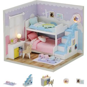 Kisoy Dollhouse Miniature with Furniture Kit, DIY 3D Wooden DIY House Kit A Corner of a Small Apartment Style with Dust Cover & LED,Handmade Tiny House Toys for Kids Adults Gift (Bedroom)