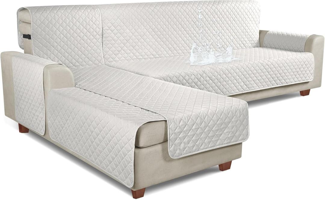 KinCam 100% Waterproof Sectional Couch Covers, Reversible L Shaped Sofa Covers 3pcs Sofa Slipcovers for Sectional Chaise Slipcover for Pets Kids (XLarge, Beige)