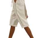 Puimentiua Women Linen Shorts Casual Knee Length Bermuda Shorts with Hollow Side Summer Beach Lightweight Capri Pants, Light Khaki, Large