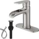 BWE Brushed Nickel Waterfall Bathroom Faucet with Pop Up Drain Single Hole Bathroom Sink Faucet Single Handle Sink Faucet RV