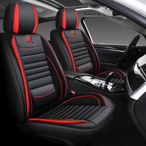 Leather Car Seat Covers Full Set,Full Coverage Automotive Seat Covers with Fix Lumber Support,Universal Fit for Most Car,Sedans,SUV,Pick-up and Truck(LS Black&Red, Full Set)