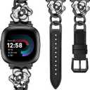 Minyee Leather Band Compatible with Fitbit Versa 4/ 3/ Fitbit Sense 2/ 1 Watch Bands Women, Dressy Slim Elegant Leather Metal Chain Strap with Bling Camellia Charms for Versa 3 4 Sense Smartwatch, Black