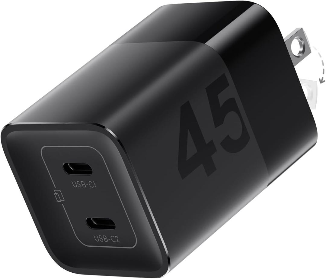 wegear 45W USB C Charger, 2 Port GaN Fast Charging with PPS, Foldable Wall Charger Block for iPhone 17/16/15, iPad, Galaxy S25/S24, Pixel 10/9 (Black)