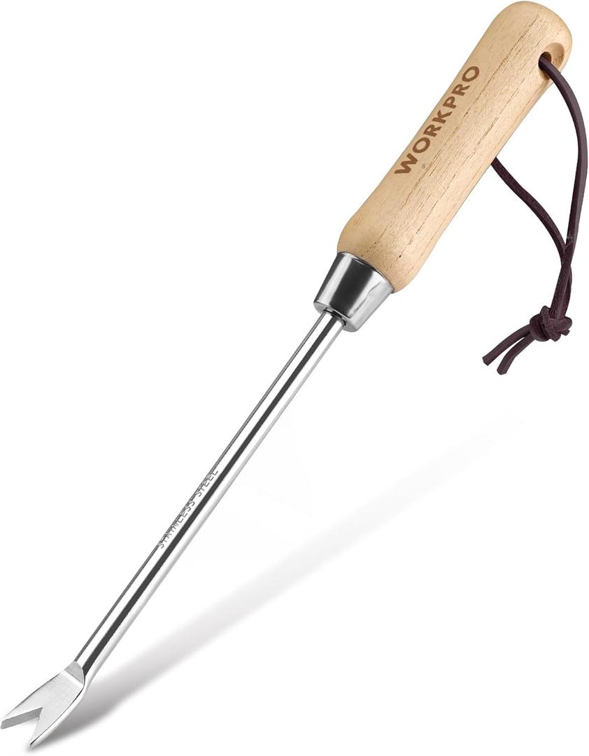 WORKPRO Dandelion Weeder Puller Tool with Wood Handle, Polished Stainless Steel Garden Weed Remover Tool, Two-Pronged Fork Weeder Tool for Lawn, Farmland, Transplant, Gardening
