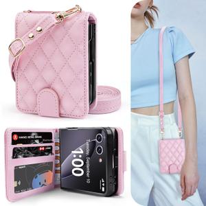 OCASE Compatible with Samsung Galaxy Z Flip7 Crossbody Wallet Case with Card Holder, PU Leather Handbag Phone Purse with RFID Blocking Wrist Strap Lanyard 2025, Pink