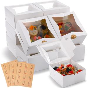 Zhanmai 36 Pcs Cake Boxes with Window 8 x 8 x 4 Inch Valentine's Day Bakery Boxes Cookie Box Pastry Box with Stickers for Cupcake Donuts Pie Dessert Muffins Pastry Wedding Birthday Party(White)