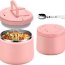 14oz Insulated Vacuum Food Jar with Buckle Lid,Soup Thermo for Hot Food Kids,Wide Mouth Leakproof Stainless Steel Lunch Container with Spoon-Pink