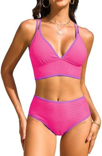 ZAFUL Women High Waisted Bikini Sets Tummy Control Two Piece Swimsuits Crisscross Back Textured 2025 Swim Bathing Suit XL