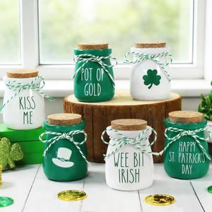 6 Pcs St. Patrick's Day Decorations Mason Jars, Saint Patrick's Day Tiered Tray Decor, Mini Shamrock Vases, Farmhouse Irish Holiday Tabletop Centerpiece for Home Kitchen Table Mantel
