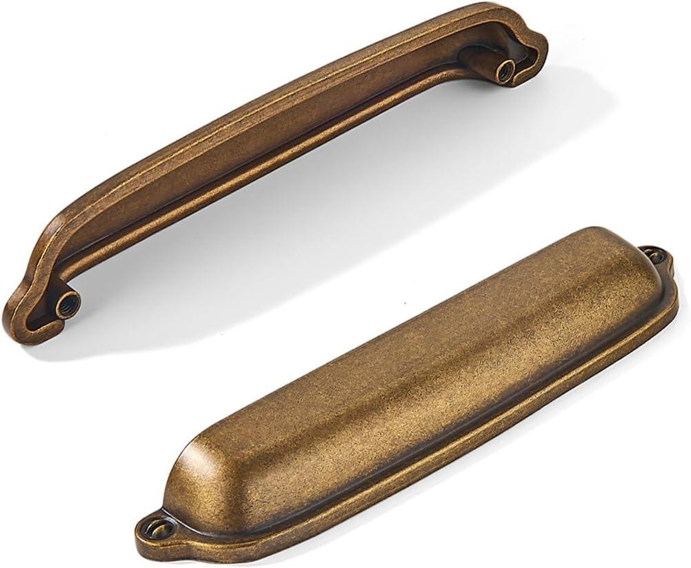khtumeware 10 Pack Antique Brass Cup Pulls 4 Inch Center to Center - Cabinet & Drawer Handles for Kitchen Hardware