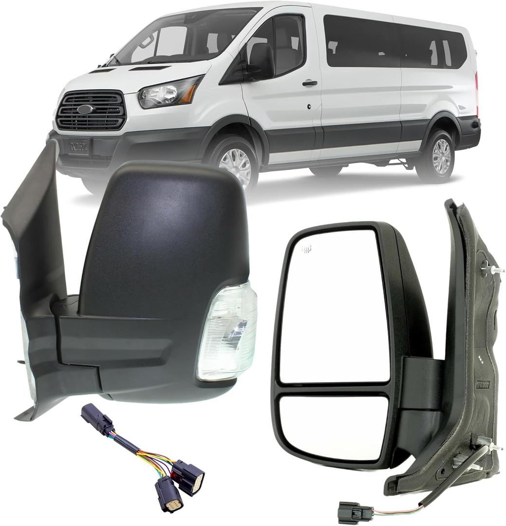 Replacement Driver Left Side Door Mirror Textured Back Cover Power Adjustment and Heated Glass With Signal Light for Ford Transit T150 T250 T350 T350HD from 2010 to Onward