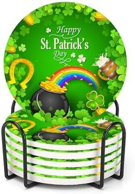 Drink Coasters for Drinks Set of 6, St Patricks Day with Clover Leaf Rainbow Absorbent Round Ceramic Stone Mat Coaster, with Cork Base and Metal Holder, Home Bar Decor House Warming Gift