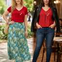 Womens Short Sleeve Summer Tops Button V Neck Tunic Shirts Dressy Casual Loose Fit Outfits (Red, S)