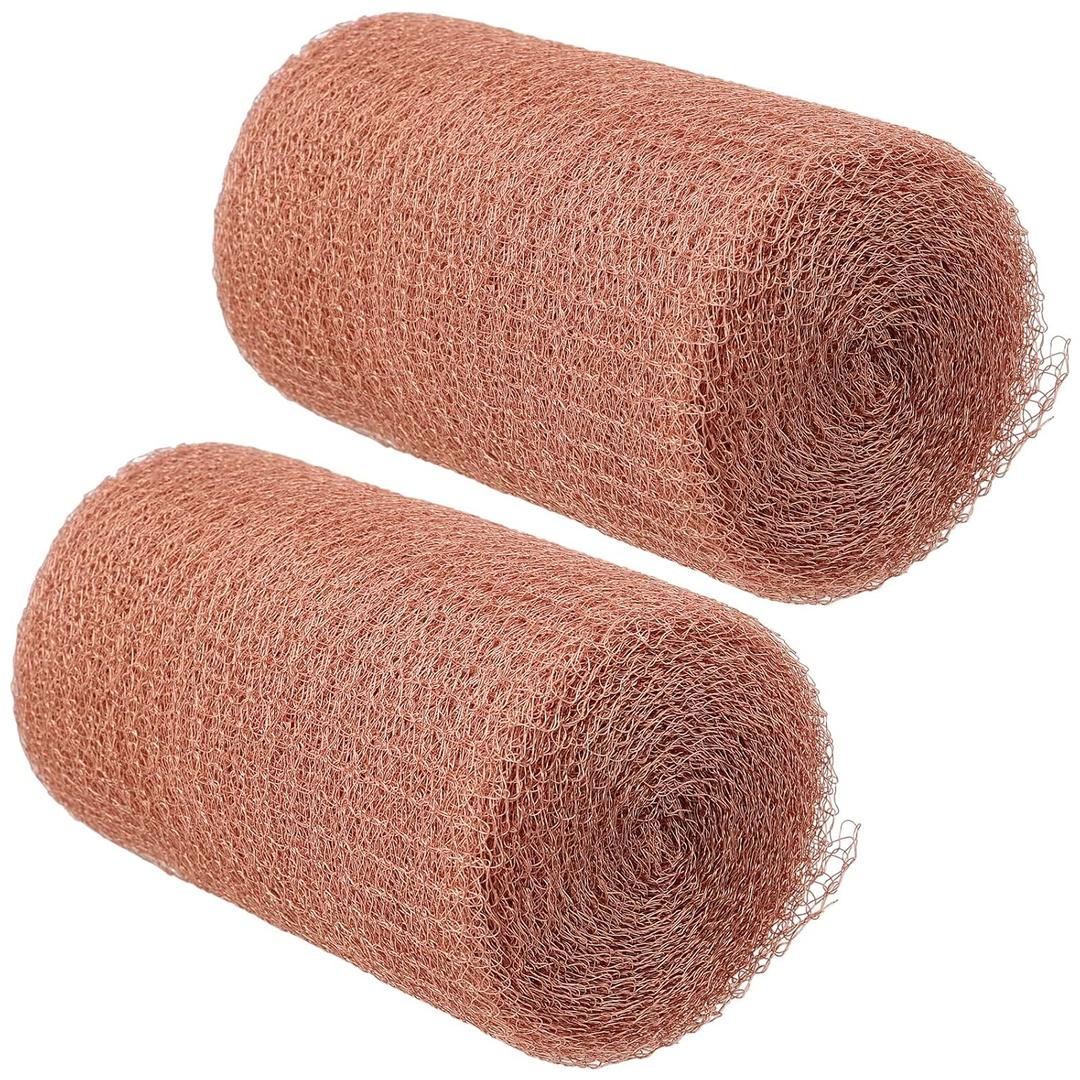 FUNSUEI 2 Pack Copper Mesh Roll, 5 Inch x 32 Feet Wire Roll, Knitted Copper Mesh Rodent Control with Hole for Gardening, Distilling, House