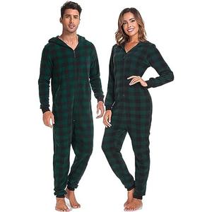 COLORFULLEAF Christmas Onesie Pajamas Adult Family Couples Matching Plaid Hoodie Suit Zipper Fleece Pj For Women and Men