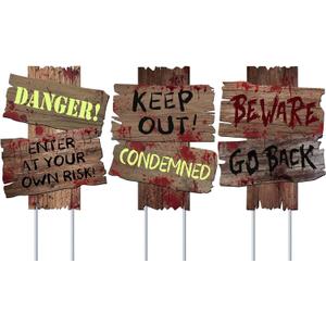 Halloween Decorations Outdoor Beware Yard Signs Stakes Creepy Assorted Warning Sign, Scary Zombie Theme Party Decor Supplies, Halloween Party Decorations, 3 Pieces, 16.5" x 12.2"