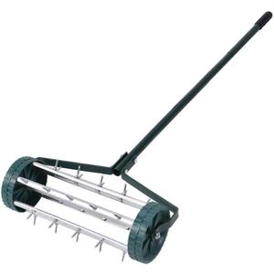 Goplus Rolling Lawn Aerator, 18-Inch Garden Yard Rotary Push Tine Heavy Duty Spike Soil Aeration, Manual Lawn Aeration Tool w/ 41-Inch Handle (Silver)