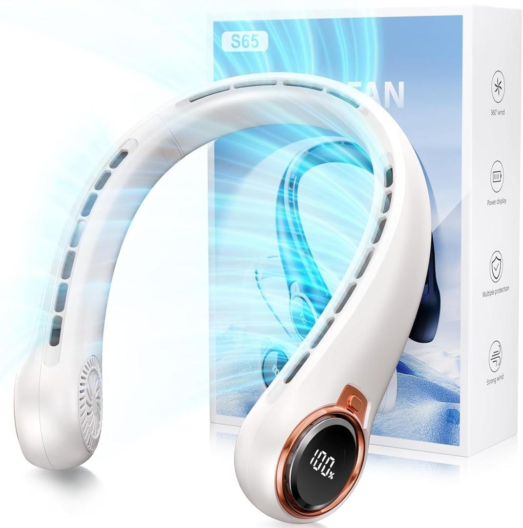 Portable Neck Fan with 6000mAh USB - Rechargeable Battery, Ultra-Light Bladeless Neck Fan LED Display, 360 Cooling Wearable Fan, 3 Speeds (White) (Grey)