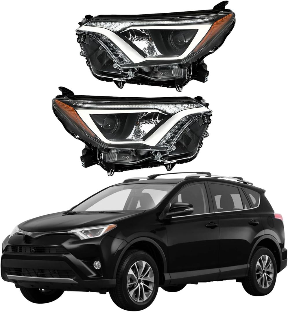 WFLNHB Headlight Assembly Compatible Replacement for Toyota Rav4 2016-2018 Projector Headlamp Black Housing Amber Reflector for Both Driver and Passenger Side