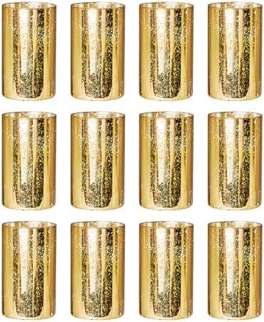 Willceka Gold Cylinder Vases for Centerpieces, Modern Glass Vase Set of 12 Decorative Hurricane Candle Holder for Pillar Candle Holders Flowers for Table Centerpiece