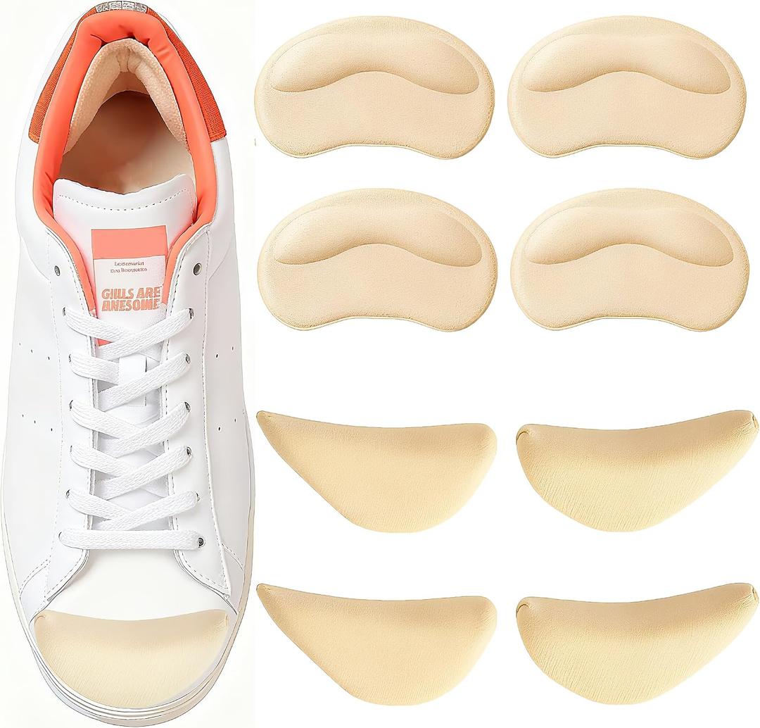 8 Pcs Shoe Fillers & Heel Pads for Loose or Too Big Shoes Toe Cushions & Heel Grips for Women and Men, Comfort Insoles for Heels, Sneakers, Boots Pain Relief & Better Fit(Beige)