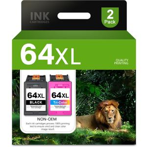 64XL Black and Color Ink Cartridge Combo Pack Replacement for HP 64 64XL Ink Cartridge for Envy Photo 7855 7858 7800 7100 7155 6255 7164 Inspire 7255e 7955e 7958e 7900e Tango Series Printer (2-Pack) (1Balck 1Tri-color)