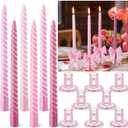 Teenyyou 16 Set 10 Inch Valentine Galentines Pink Spiral Taper Candle Set Including 8 Pcs Coquette Candles Party Supplies and 8 Pcs Coquette Bow Glass Candlestick Holders for Valentines Dinner Wedding