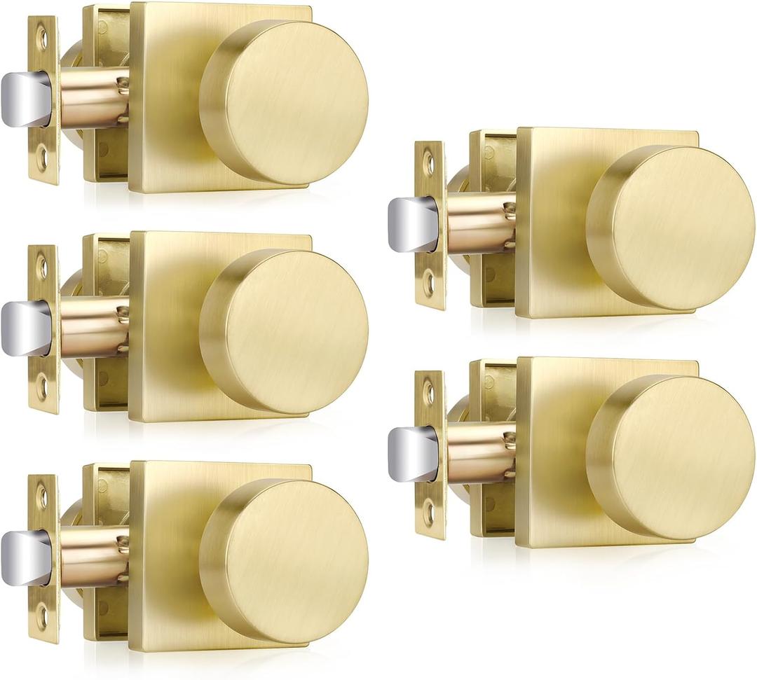 Haidms Gold Door Knobs Passage, Heavy Duty Square Brushed Gold Hall and Closet Door Knobs for Hallway, Zinc Alloy Passage Door Knob Hallways (5 Pack)