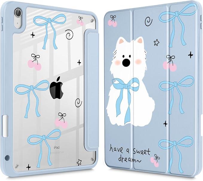 May Chen for iPad Air 11-inch M4/M3/M2 (2026/2025/2024), iPad Air 5th/4th 10.9 Inch - Shockproof Cover with Clear Back Shell & Penceil Holder Auto Wake/Sleep Stand Cover, Blue Bows Dog
