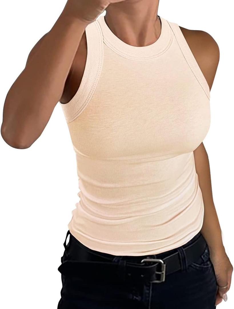 GEMBERA Womens Sleeveless Racerback High Neck Casual Basic Cotton Ribbed Fitted Tank Top (Large, Nude)