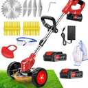 21V Cordless Weed Wacker,Electric Grass Trimmer with 2.0Ah Battery & Wheels | 3-in-1 Brush Cutter, Lawn Edger & Mower with 4 Types of Blades for Yard, Garden, Sidewalk & Driveway