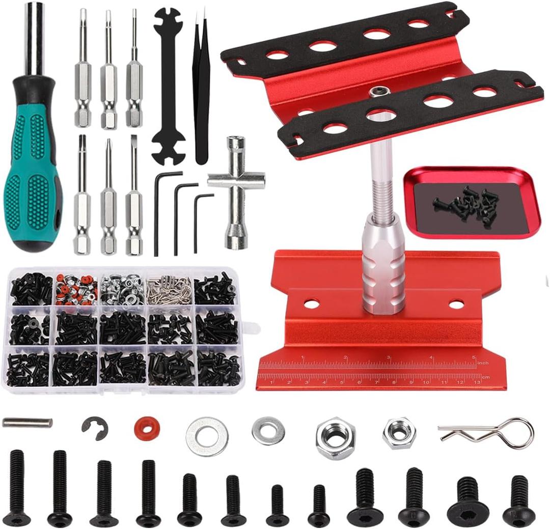 RC Car Repair Work Stand 532 PCS RC Repair Screws Set Kit 360 Degree Rotation RC Repair Station Screwdrivers Screws Pallet Kit for 1/8 1/10 1/12 1/16 1/18 RC Crawler Truck Buggy (Red)