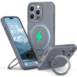 Liquid Silicone Case for iPhone 15 pro MAX with Magnetic Ring Stand, Upgraded Camera Lens Protection, Mil-Grade Drop Shockproof, Anti-Scratch Microfiber Lining Silicone Case (Gray)