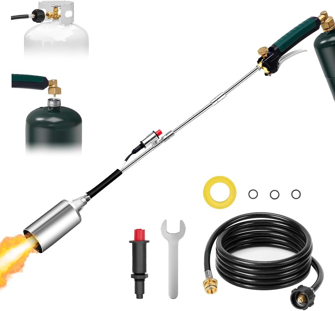 Propane Weed Burner Torch Kit, Heavy Duty Weed Torch with 40" Long Arm, Piezo Self-Igniter, 10FT CSA Hose for 1lb100lb Tank, Flamethrower for Weed Burning, Ice & Snow Melting, Roofing, BBQ