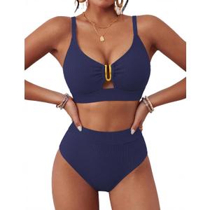 BMJL Womens High Waisted Bikini Sets Ribbed V Neck Lace Up Back Swimsuits | durable and non-see-through fabric, push up top, adjustable straps, removable pads, metal U-wire, color block, full coverage (Blue, L)