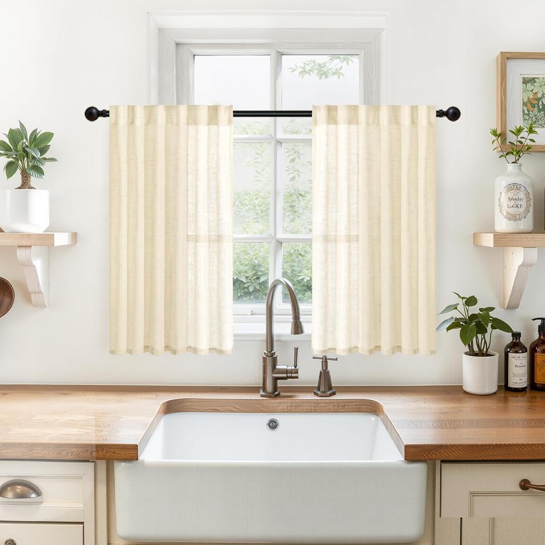 YoungsTex Linen Cafe Curtains 36 Inch Length, Small Semi Sheer Drapes Light Filtering with Rod Pocket Back Tab for Bathroom Kitchen Window, 2 Panels, Beige, 34 X 36 Inch