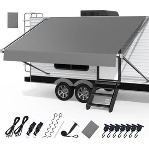 RV Awning Fabric Replacement, Upgraded 19oz Heavy Duty Material with Awning Tie Down Kits & 7 Hooks, Outdoor Vinyl Canopy for Trailer and Motorhome Awning- 11'(Fabric 10'2"), Gray