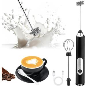 Milk Frother Handheld, Rechargeable Coffee Frother Wand with 2 Stainless Whisks 3 Speeds, Drink Mixer, Electric Foam Maker, Hand Mixer for Lattes, Cappuccino, Matcha, Egg, Black