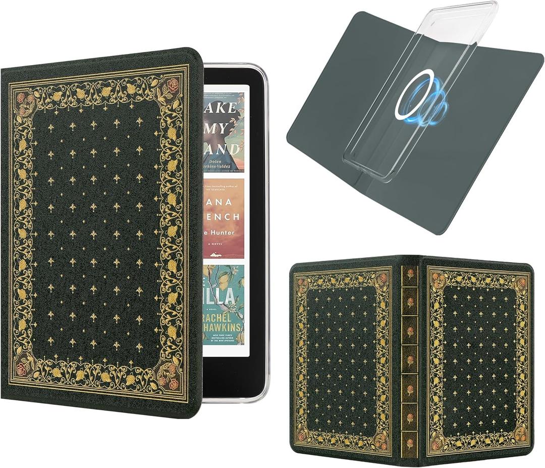 Magnetic Detachable Book Cover Case for 7" Kindle Paperwhite 12th Gen 2024 and Kindle Colorsoft Signature Edition, Slim PU Leather Case with Auto Wake/Sleep (Ornate Green)