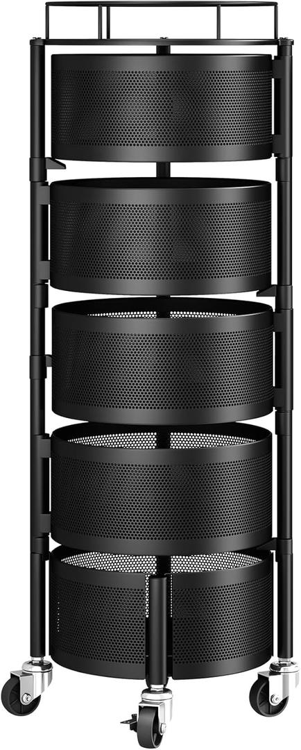Rolling Drawer Storage Cart with 360 Rotating Open-Drawer Design, 5-Tier Metal Utility Cart with Round Storage Drawer for Kitchen, Bathroom, Laundry Room (Black)