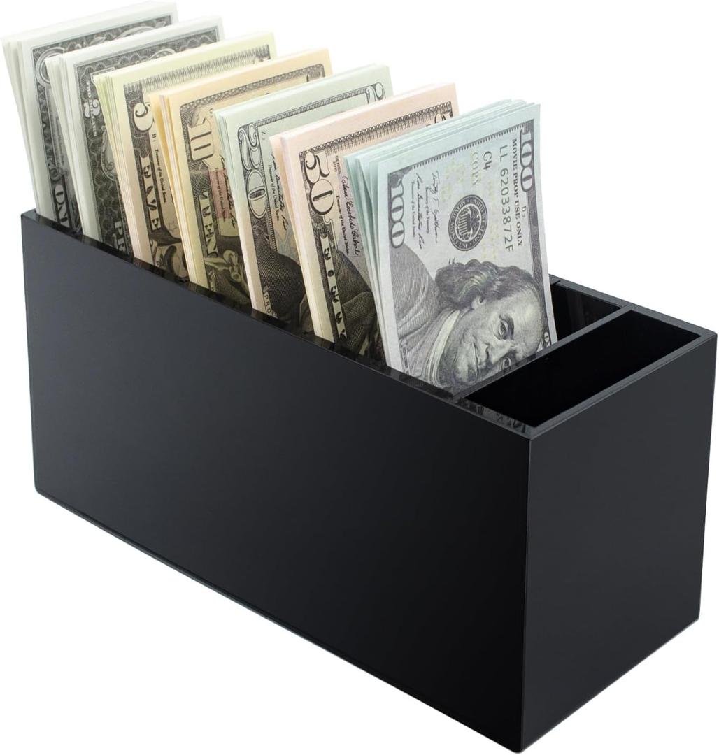 Money Organizer for Cash with 8 Compartments, Black Acrylic Cash Tray & Cash Drawer Insert, Durable Money Holder for Bills, Cash Divider Box for Cash Sorting and Cash Storage