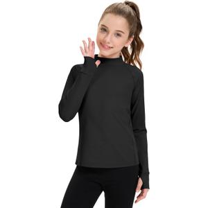 HASMES Girls Long Sleeve Shirt Kids Turtleneck Athletic T-Shirt Sports Activewear Yoga for Teens (11-12 Years, Black)