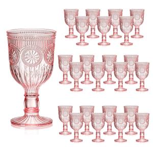 12 Oz Vintage Wine Glasses Goblets Drinking Glasses Sunflower Embossed Glassware Plastic Champagne Flutes Unbreakable Wedding Toasting Glasses Party Wine Cups for Bridal Shower Party (24, Pink)