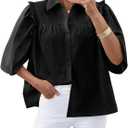 Cicy Bell Womens Summer Button Down Shirts Short Ruffle Puff Sleeve Cotton Blouses Dressy Casual Ladies Tops (Medium, Black)