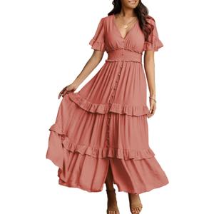 Amegoya Women's Summer Boho Tiered Maxi Dress V Neck Smocked Hight Waist Long Flowy Dress (Rust Pink M)