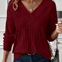 PRETTYGARDEN Fall Fashion 2026 Long Sleeve Shirts for Women Ribbed Knit V Neck Dressy Casual Lightweight Sweaters Tunic Tops (Red, S)