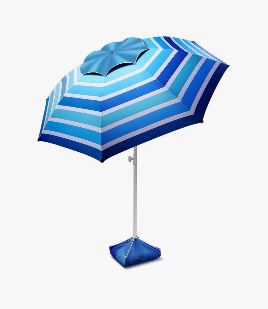 8FT Large Beach Umbrella with Level 7 Wind Resistance, Sand Anchor, Portable Outdoor Umbrella with UPF50+ UV Protection, Tilt Sun Shelter for Beach, Patio, Yard