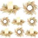 Hanaive 8 Pcs Boho Candle Wreaths Small Pampas Candle Wreath 3.9 in Wedding Faux Pampas Door Wreath Candleholders Fall Decoration for Wedding Home Farmhouse Tabletop Decor